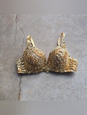 Gold Beaded Gypsy Boho Sequin 90s Y2k Bra Size 36 Fairy Bellydancer
